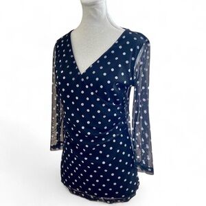 Polka Dot Navy V-Neck Faux-Wrap Blouse with Sheer Sleeves